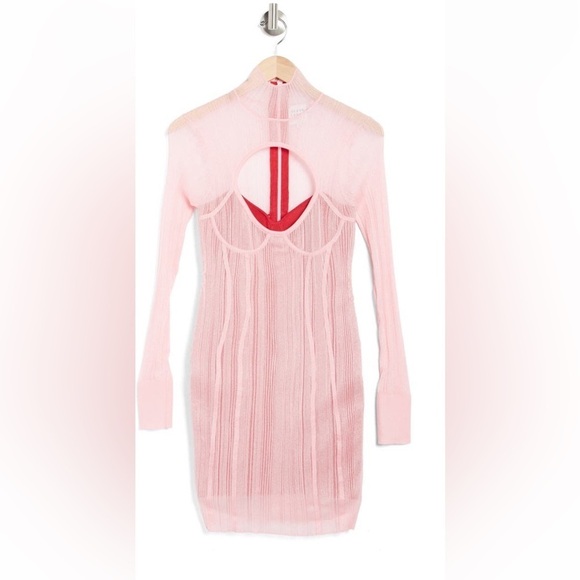 HERVE LEGER / NWT NEW layered sheer ribbed plated mini dress in pink small S - Picture 2 of 6